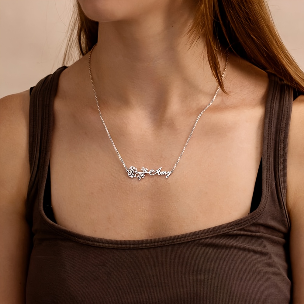 Custom Birthday Month Flower Name Necklace, Stainless Steel